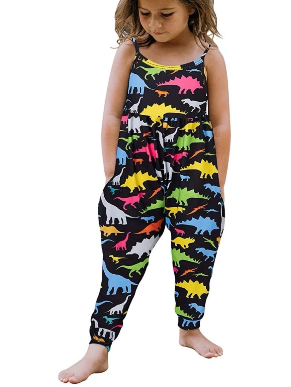 Kids Black Dinosaur Print Jumpsuit - Multi-Color Dino Silhouettes size 110/4T